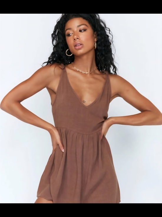 Princess Polly Pants - Princess Polly Tessa Romper Brown With Tie Strap Details Linen Blend Size 4